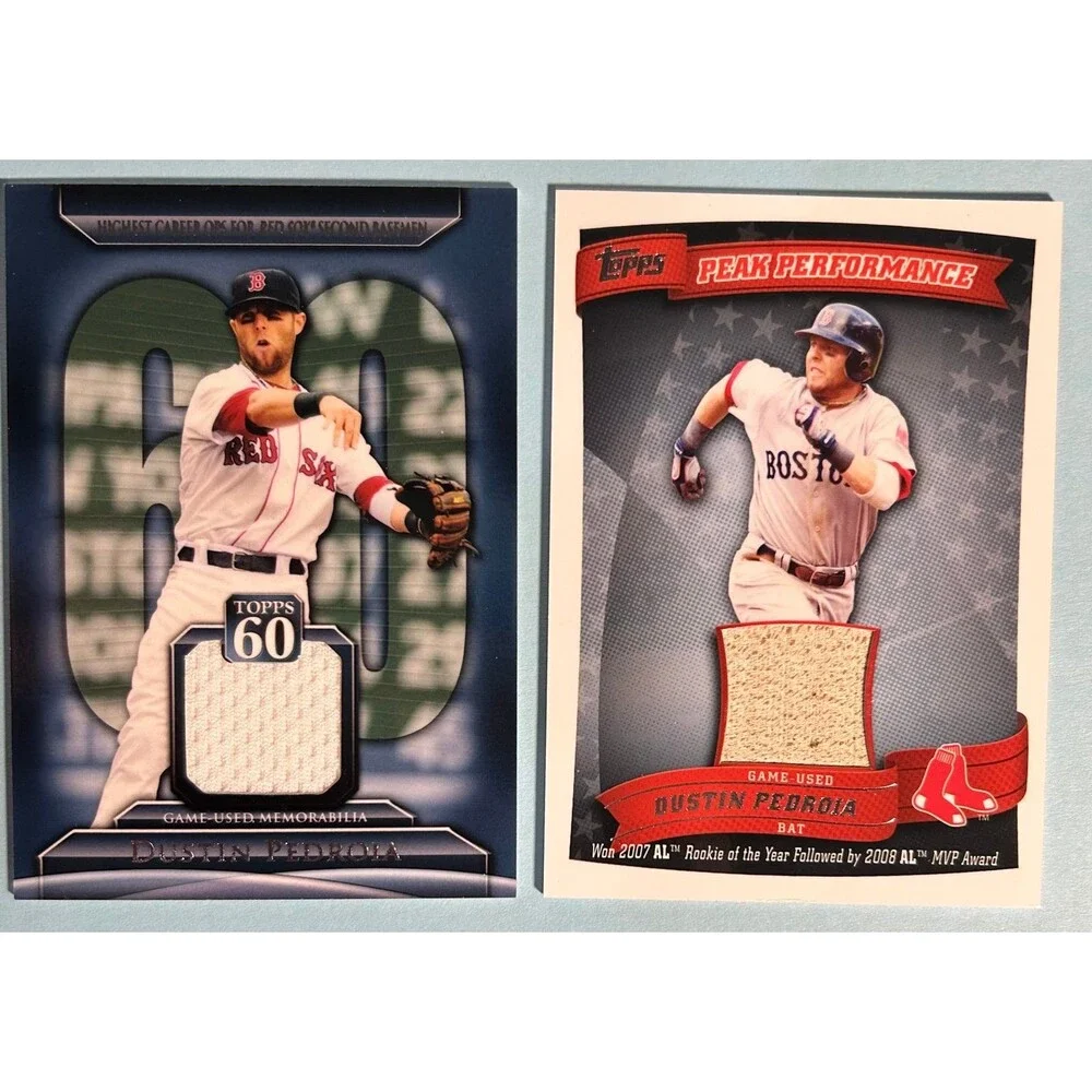 Red Sox Dustin Pedroia -2 Topps Game Used material cards 2011 Topps 60 and 2010